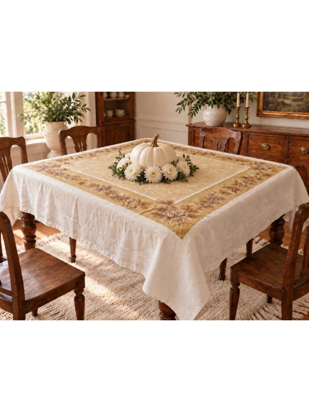 Pinecone Tablecloth Durable Cotton 74.5" X 60" Yellowish Green & Brown VTG Retro